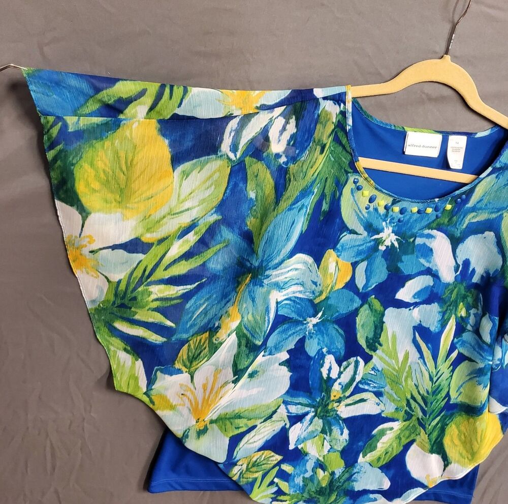 Alfred Dunner Womens Floral Bohemian Chic Batwing Top Size 14 Blue Green Yellow - Picture 2 of 7